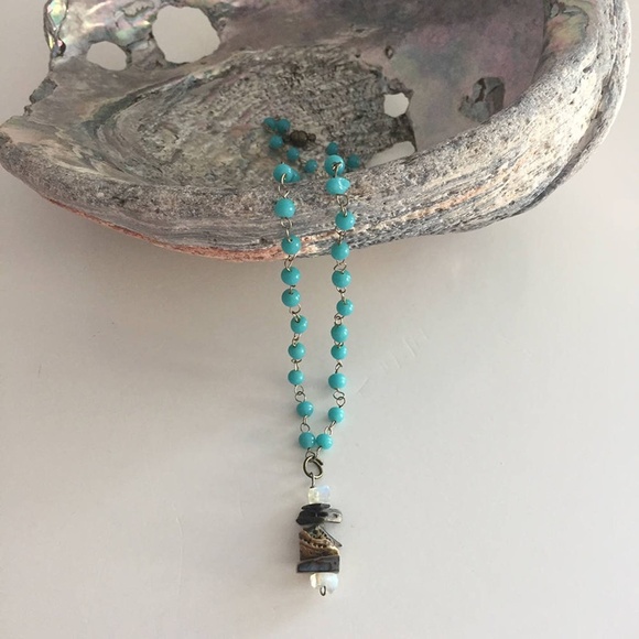 Colorful blue Y-necklace with opal and jasper gemstone pendant - faux turquoise - Picture 3 of 5